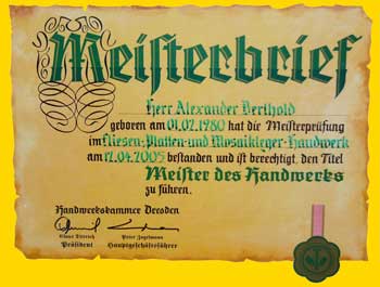 Meisterbrief von Fliesenlegermeister Alexander Berthold